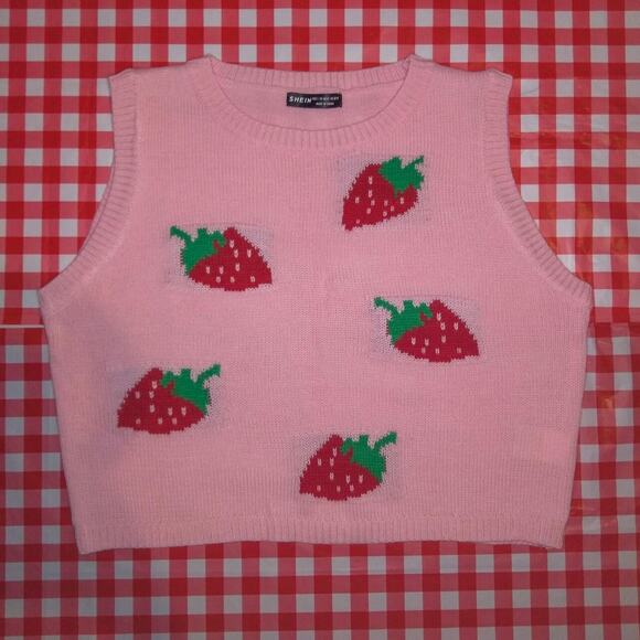SHEIN Sweaters - Pink strawberry knit sweater vest